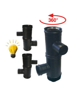 TE 90° COAX INOX NOIR DOUBLE PIQU. AIR DN60M/FUMEES DN80F AVEC TAMPON RECUEIL DES CENDRES